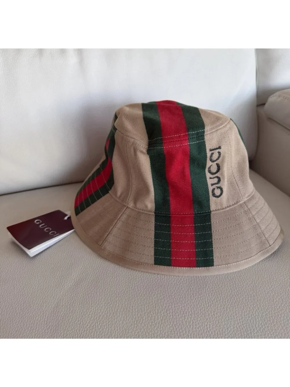 NWT Gucci Logo Printed Cotton Canvas Bucket Hat Sz S Web Beige